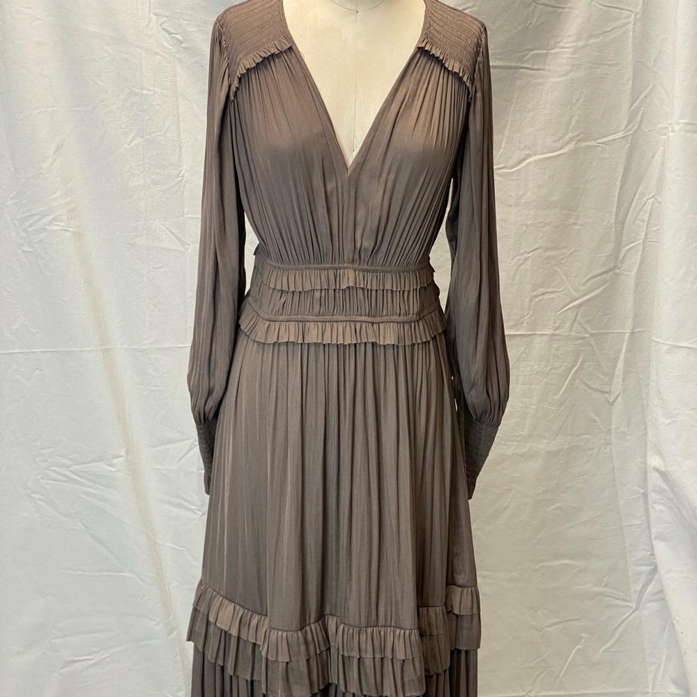 Women's Taupe Pleated V-Neck Long Sleeve Dress